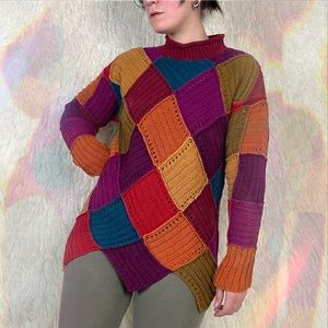 Vintage 90s Colorblock Patchwork Knit Long Sweater